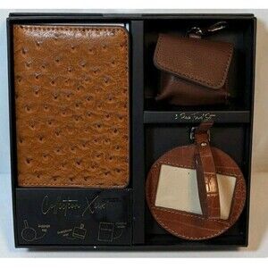 Boxed 3 Piece Travel Set Passport ID Wallet Luggage Tag Ear Bud Case Brown